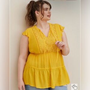 Torrid 3x Yellow Dot Babydoll Blouse with front tie and embroidery detail